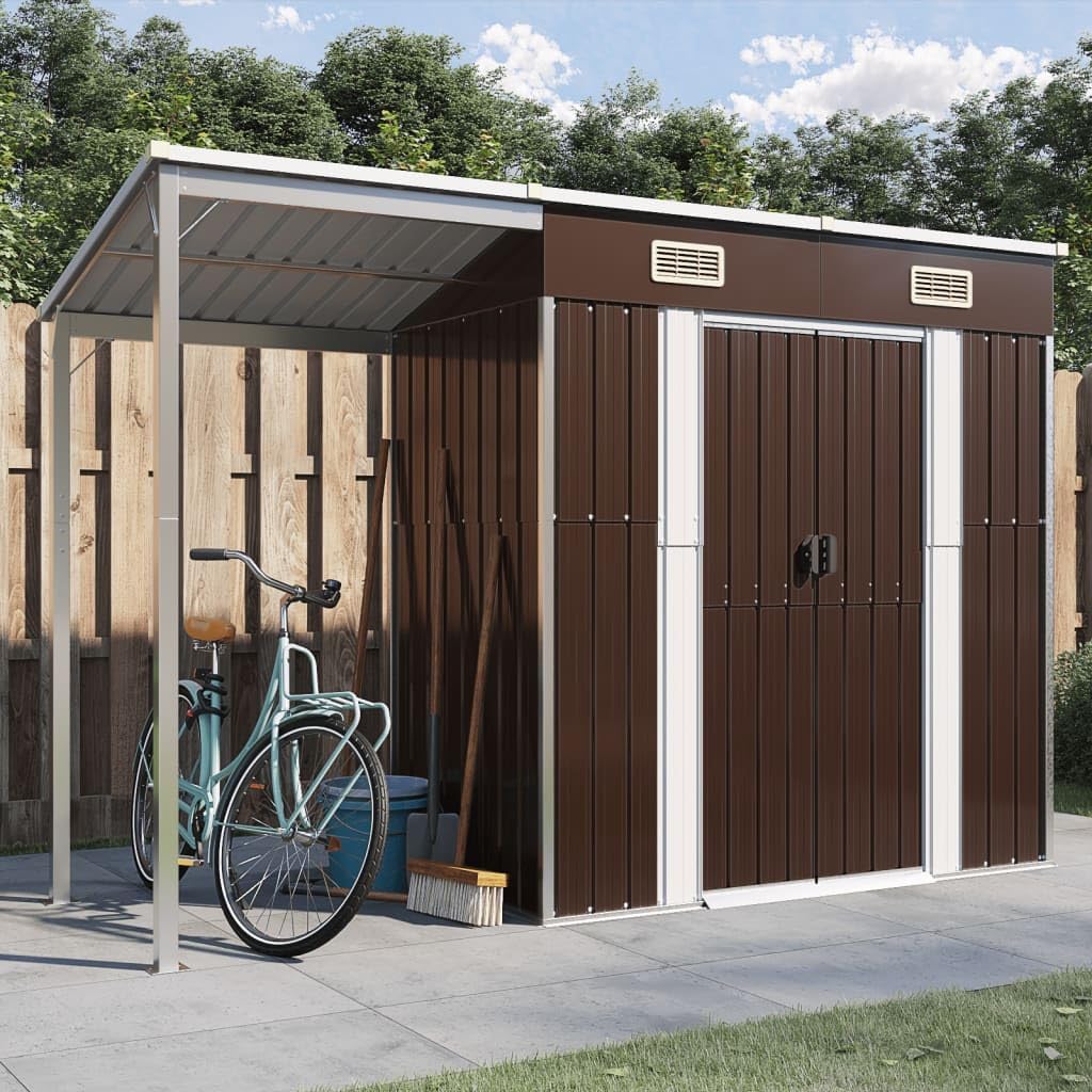 Casetta da Giardino in Metallo - Capanno Porta Attrezzi con Tetto Esteso - Deposito Esterno Moderno Marrone 277x177x181 cm