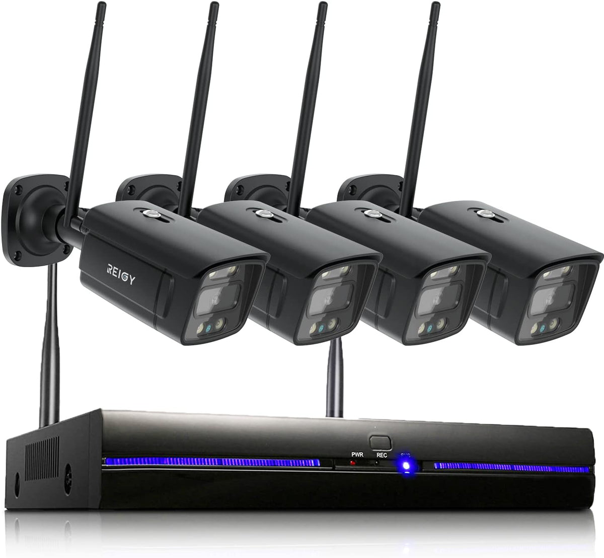 REIGY Kit videosorveglianza WiFi 3MP - 4 telecamere 1296P con Spotlight - Visione notturna a colori e IP66 - Audio bidirezionale sistema 10 canali senza HDD
