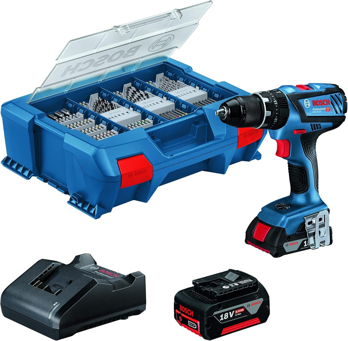 Bosch Professional GSB 18V-28 Trapano Avvitatore a Percussione - 18 V 1900 giri min - Batterie 2,0 Ah e 4,0 Ah con Caricabatterie - L-Case e Set 100 Accessori