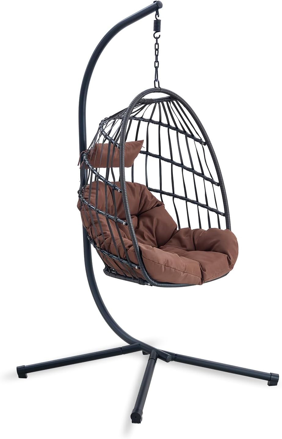 Sedia a uovo sospesa da giardino - Seduta imbottita nero marrone - Telaio pieghevole per gestione pratica - Poltrona confortevole per area relax esterna
