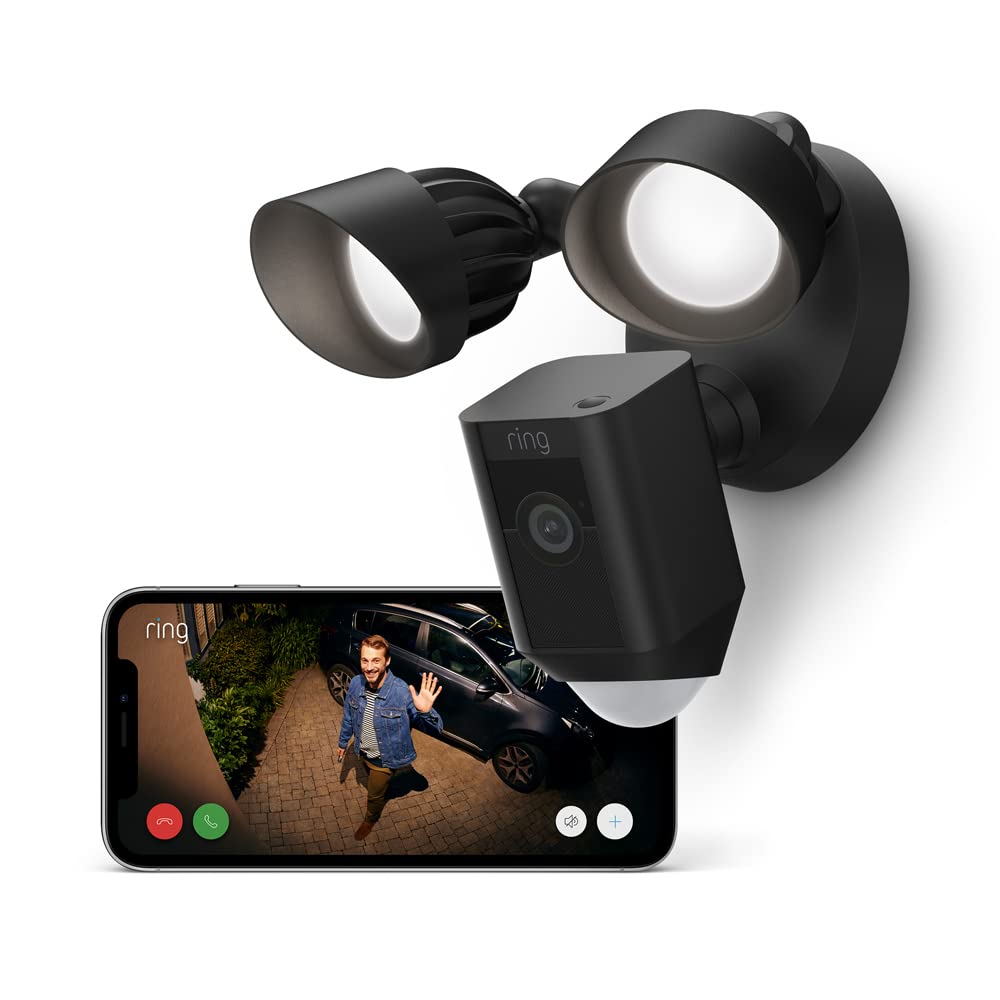 Ring Floodlight Cam Wired Plus Telecamera di sicurezza WiFi - Video HD 1080p e audio bidirezionale - Proiettori LED 2000 lumen e sirena - Rilevamento movimento personalizzabile