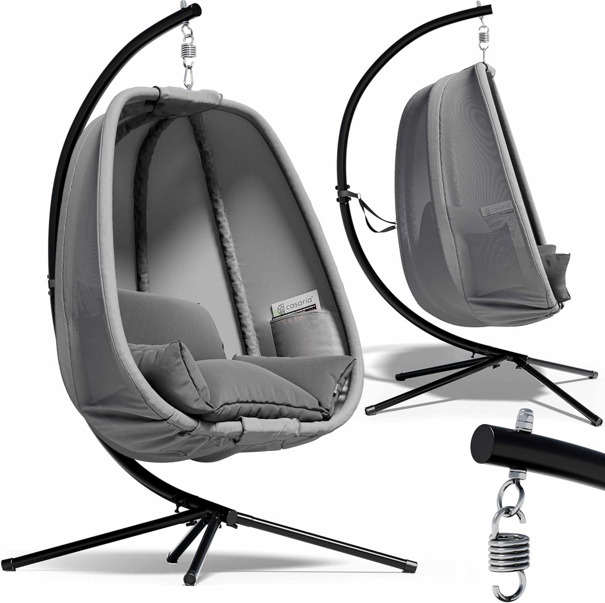 Casaria Poltrona Sospesa XXL - Telaio in Acciaio con Cuscino e 2 Tasche Laterali - Portata 150 kg per Interno Esterno - Grigia 140 x 110 x 190 cm