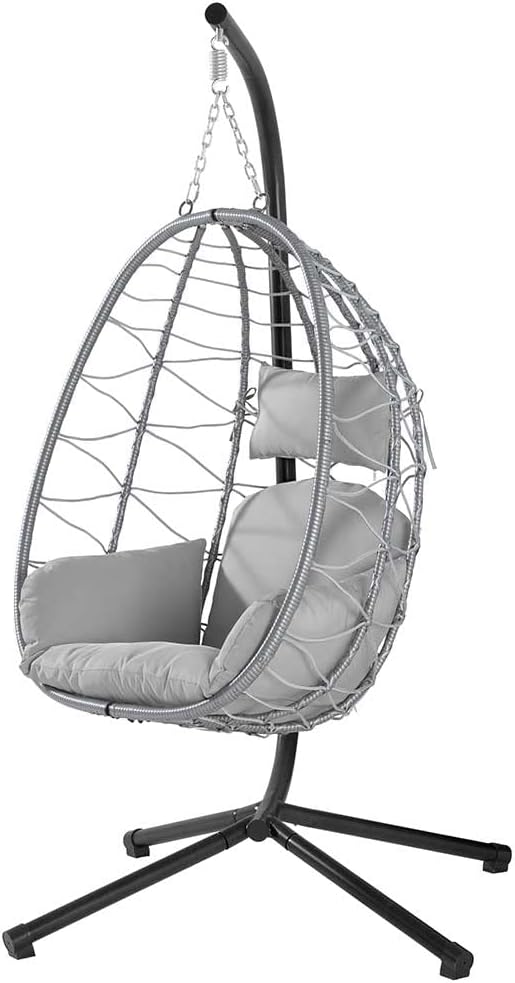 BAKAJI Poltrona sospesa da giardino - Struttura in metallo con nido in rattan e corda - Cuscino imbottito e poggiatesta - Dimensioni 198 x 110 x 95 cm grigio