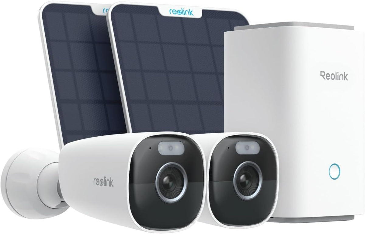 Reolink Argus Eco Pro Home Hub Kit - 2 Telecamere 5 MP 2K con Pannelli Solari e Batteria - WiFi Dual Band e Visione Notturna - Archiviazione Locale IP66 senza Abbonamento