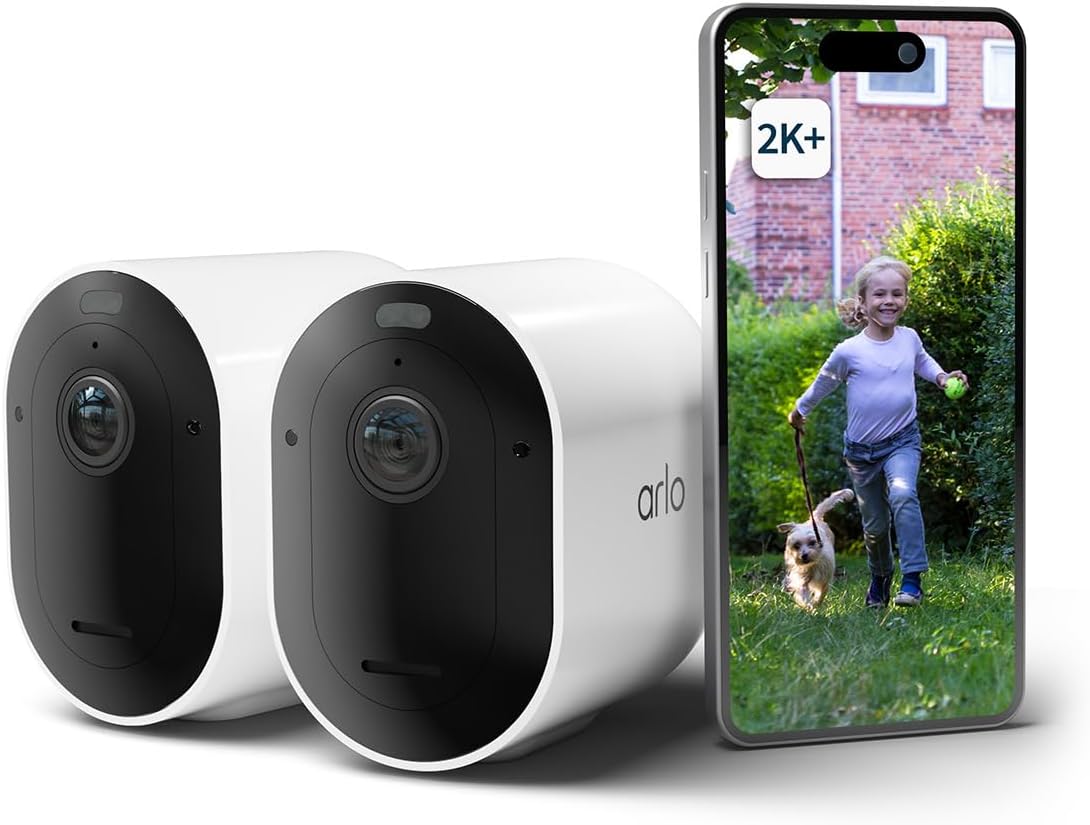 Arlo Pro 5 Kit 2 Telecamere WiFi 2K HDR - Sensore Movimento con Sirena e Luce Integrata - Visione Notturna Colori e Audio Bidirezionale - Wireless Bianco