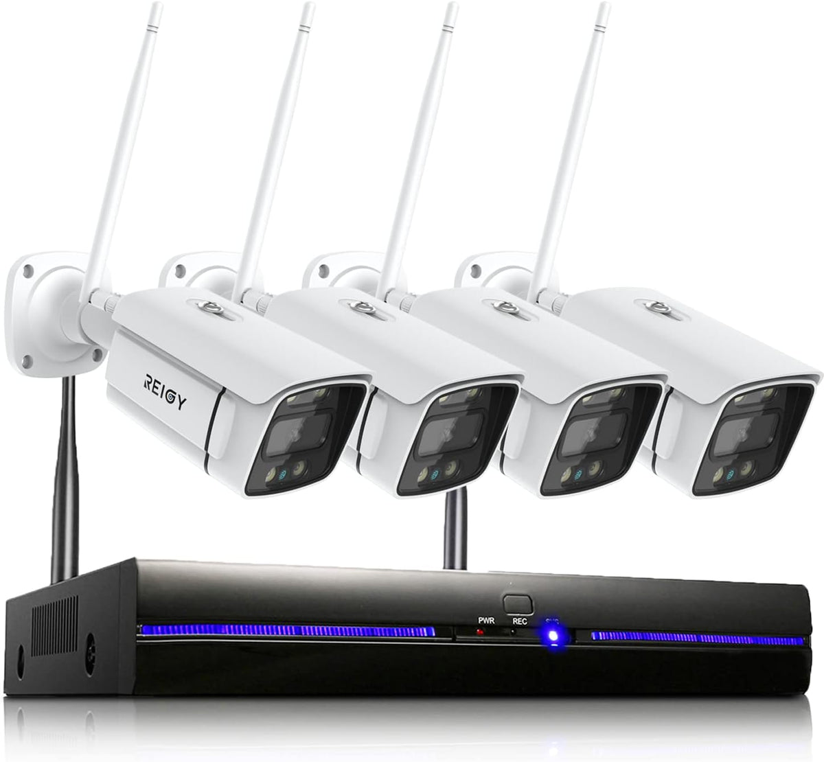REIGY Kit videosorveglianza WiFi 3MP - 4 telecamere 1296P con Spotlight - Visione notturna a colori e audio bidirezionale - Sistema 10 canali impermeabile senza HDD