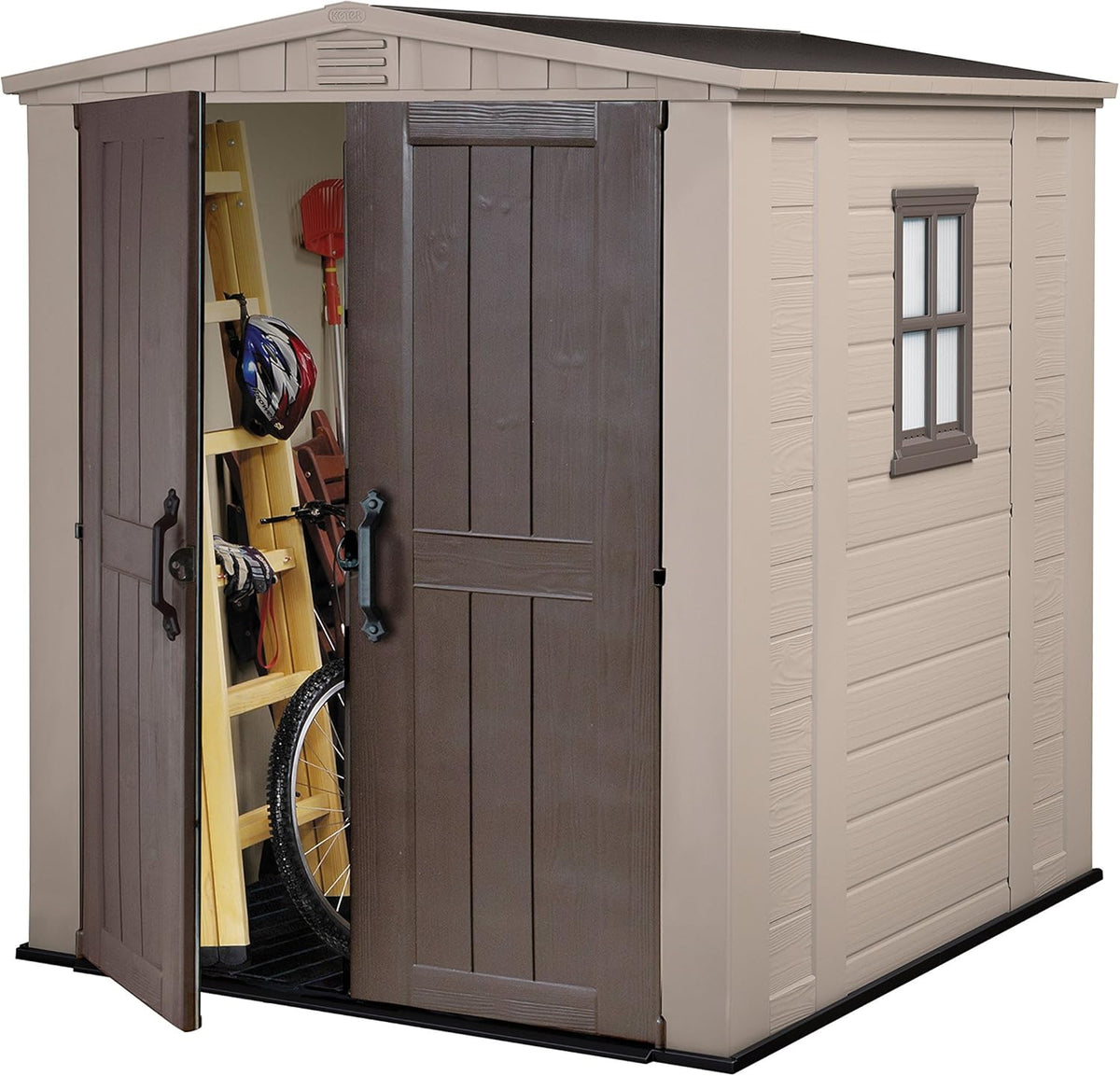 Keter Factor 6 x 6 Casetta da giardino - Struttura in resina e lega di acciaio - Finitura beige per deposito esterno - Dimensioni 208 x 178 x 195,5 cm