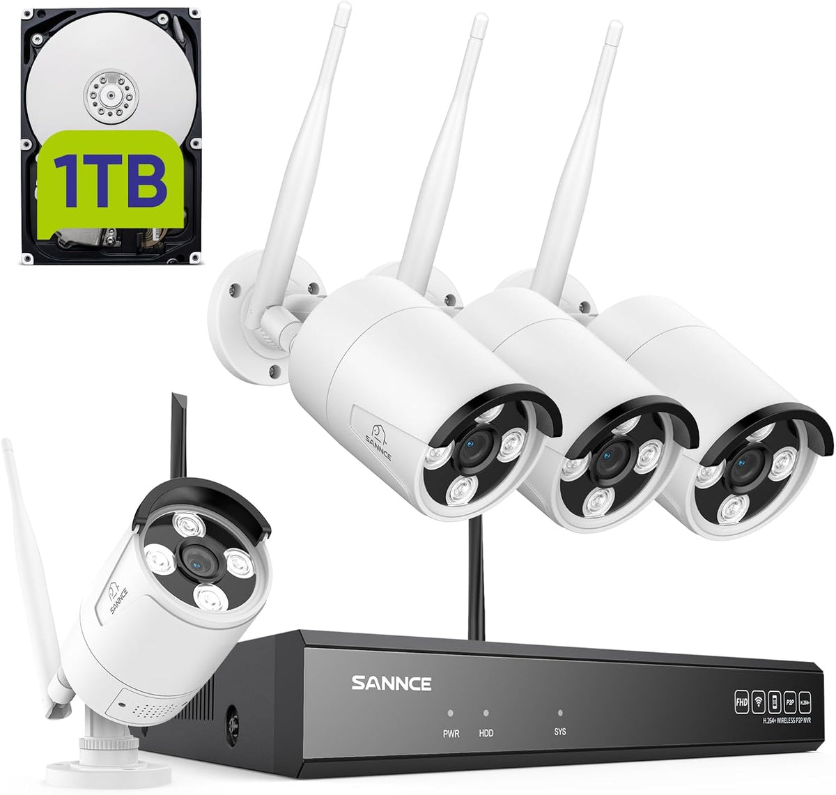 SANNCE 71GL Kit Videosorveglianza WiFi - NVR 8 Canali con HDD 1 TB e 4 Telecamere IP 3 MP - Rilevamento Umano AI con Microfono - Visione Notturna IP66