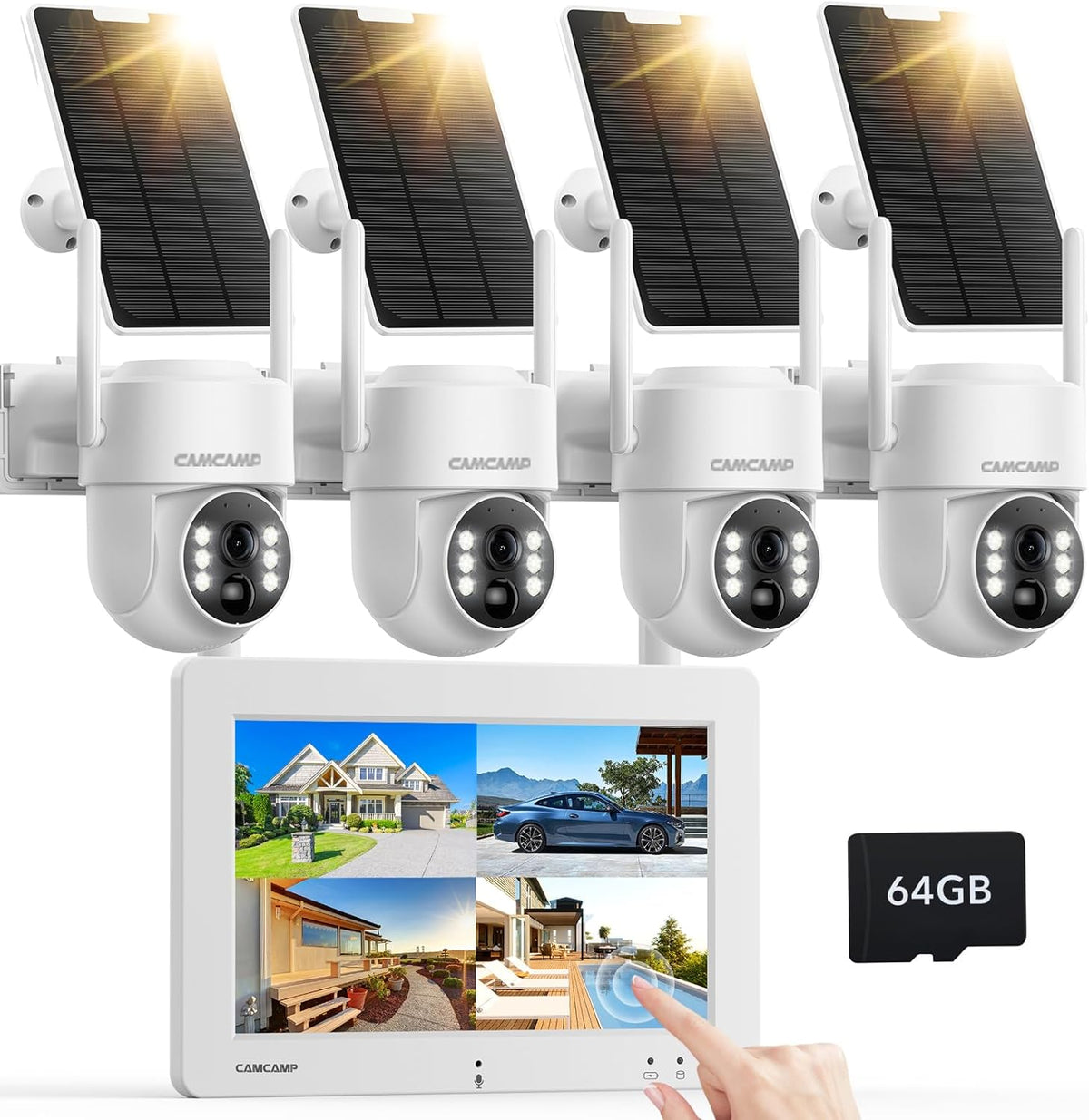 Camcamp SC44-B Kit Videosorveglianza Solare 4 MP - 4 Telecamere Wireless con Monitor Touch NVR - Visione Notturna Colori e Movimento - Scheda SD 64 GB per Esterni