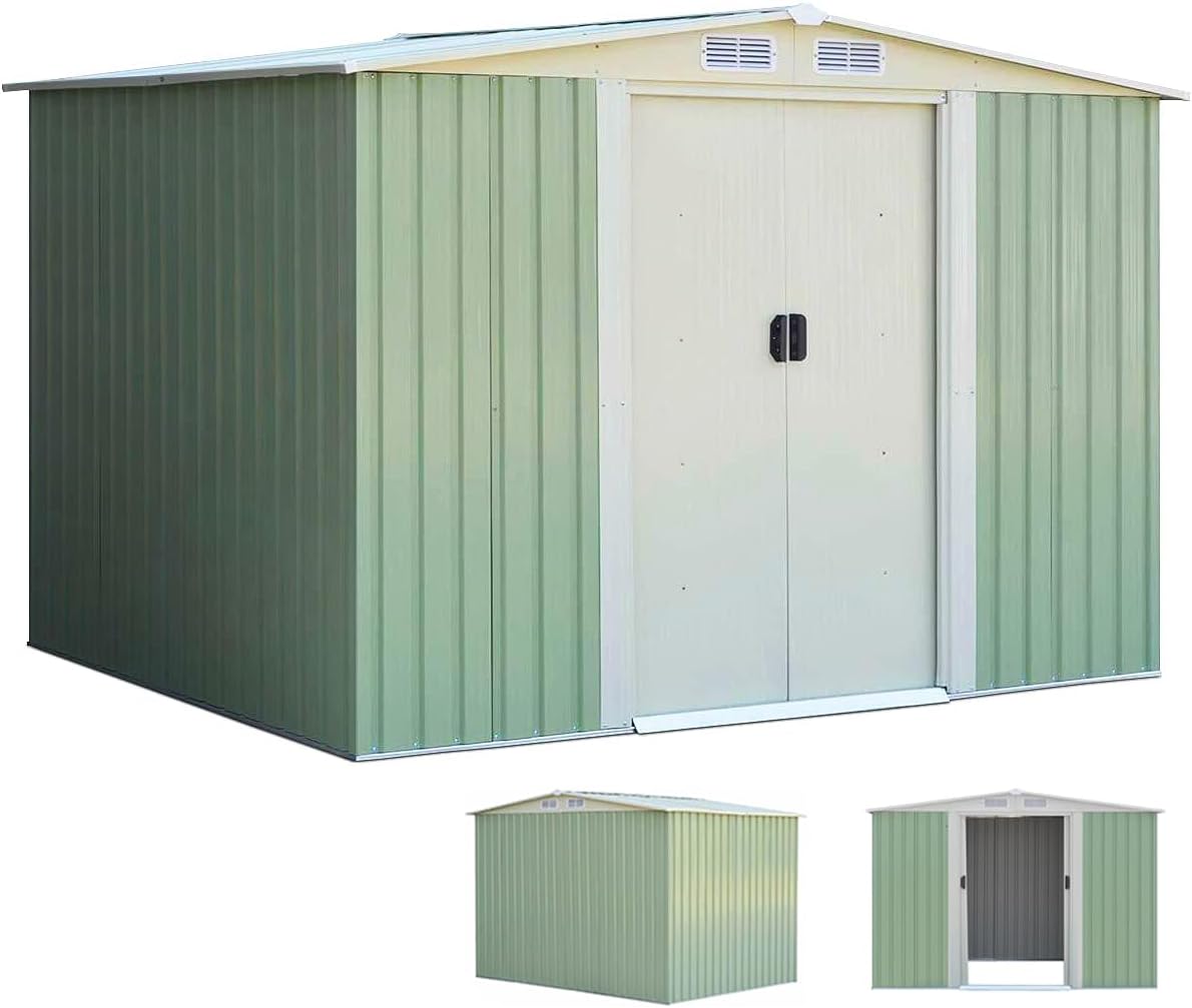 RELAX4LIFE Casetta da giardino 5,26 m2 - Acciaio verde e bianco con 2 porte scorrevoli - 4 sfoghi e tetto inclinato - Dimensioni 257 x 205 x 175,5 cm