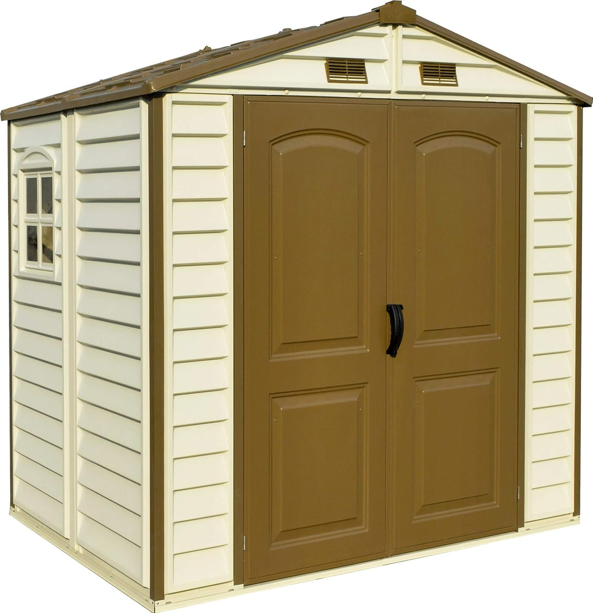 Casetta da Giardino Duramax StoreAll - Capanno Porta Attrezzi in Plastica con Finestra Fissa - Kit Fondazione in Metallo e Struttura Tetto Robusta 2,45x1,68x2,23 m Avorio Marrone