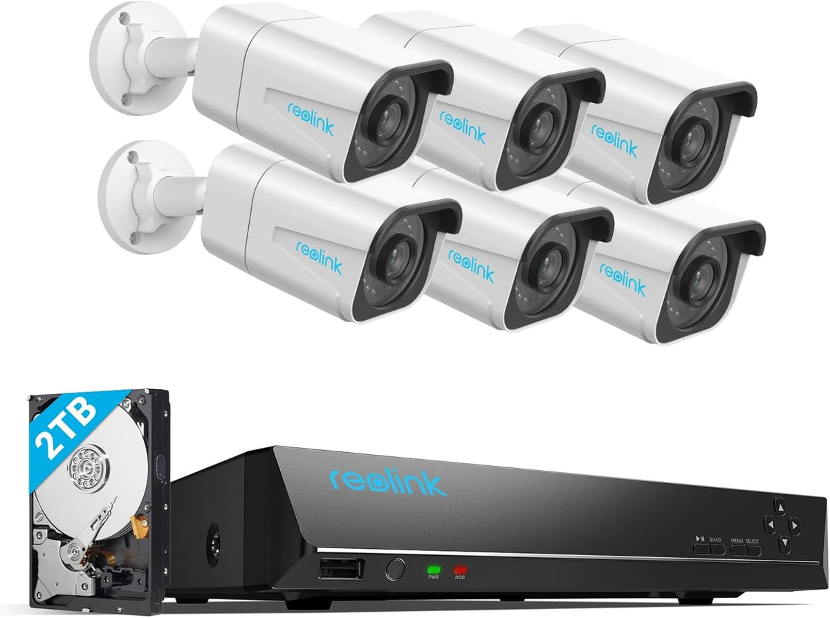 Reolink RLK8-800B6 Kit Videosorveglianza PoE 4K - 6 Telecamere Esterne con Rilevamento Persone Veicoli - NVR 8 Canali HDD 2 TB - Registrazione Continua e IR 30 m