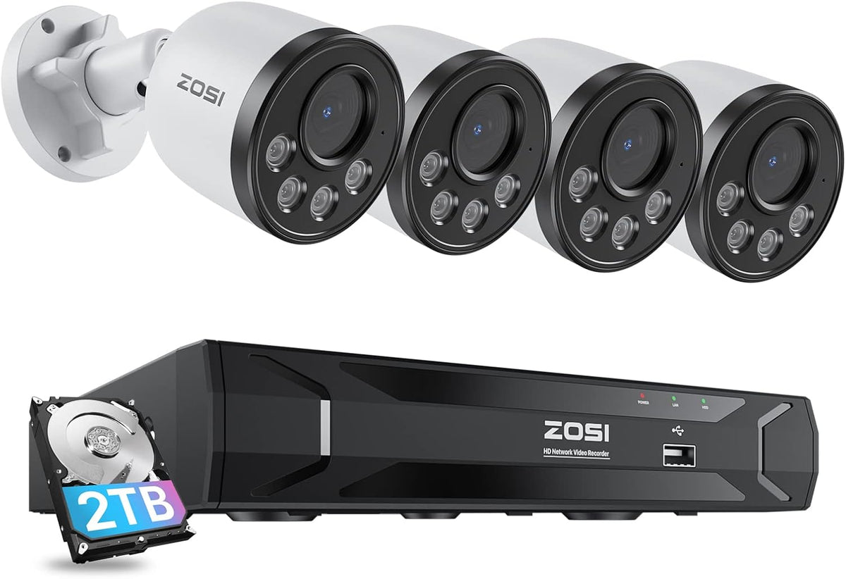 ZOSI C180 Kit videosorveglianza PoE 4 MP - NVR 8 canali 5 MP con HDD 2 TB - 4 telecamere esterne e rilevamento persone - Audio unidirezionale e accesso remoto