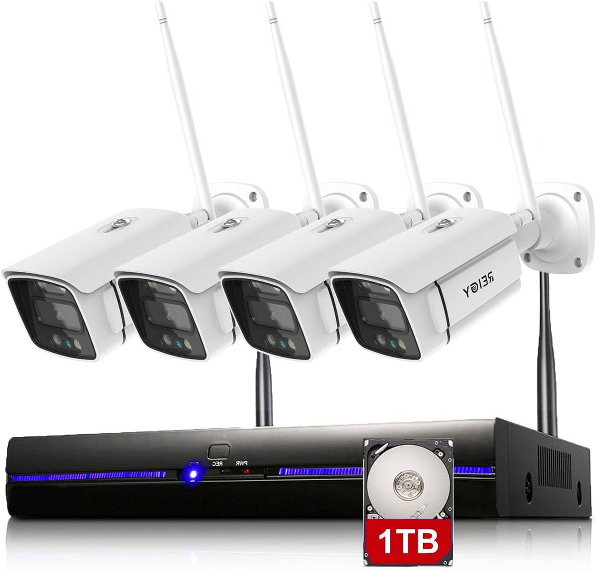 REIGY Kit Videosorveglianza 3 MP - 4 Telecamere 1296P con Spotlight e Audio Bidirezionale - NVR 8 Canali 5 MP con HDD 1 TB - Visione Notturna Colori