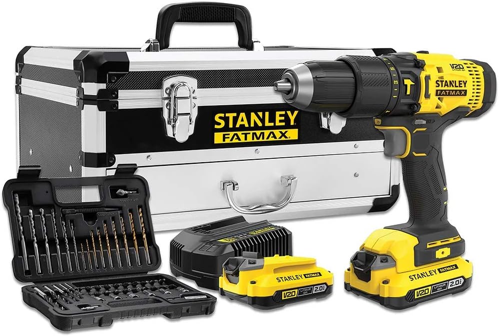 Stanley SFMCD711 Kit Trapano a Percussione V20 - 18 V Coppia 50 Nm e 50 Accessori - 2 Batterie 2 Ah con Caricatore 2 A - Cassetta Attrezzi in Metallo