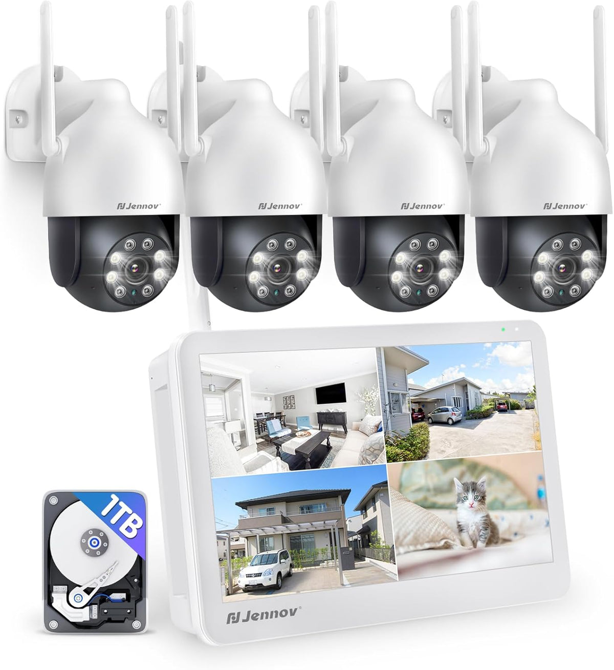 Jennov Kit videosorveglianza WiFi PTZ 5 MP - Monitor 10 pollici NVR 10 canali e HDD 1 TB - 4 telecamere con visione notturna a colori - Audio bidirezionale e rilevamento persone