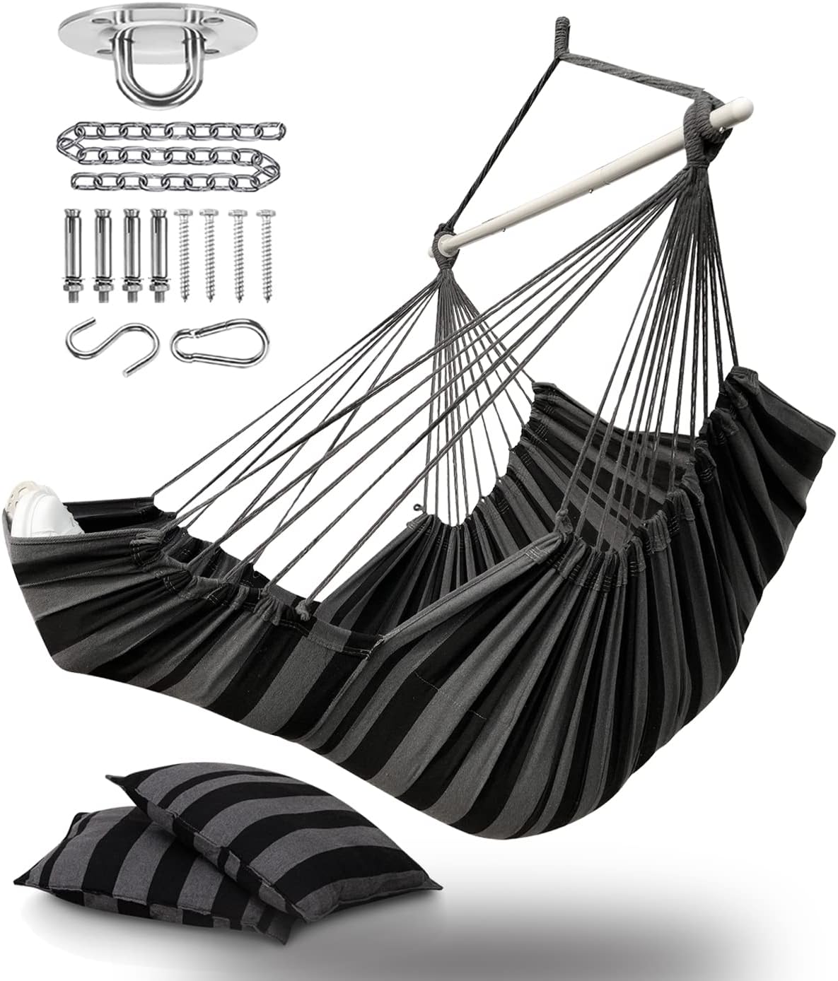 ADVOKAIR Amaca Sospesa Grande - Sedia a Dondolo con Poggiapiedi e 2 Cuscini - Barra in Acciaio Antiscivolo e Tasca Laterale - Portata 226,8 kg Nero Grigio