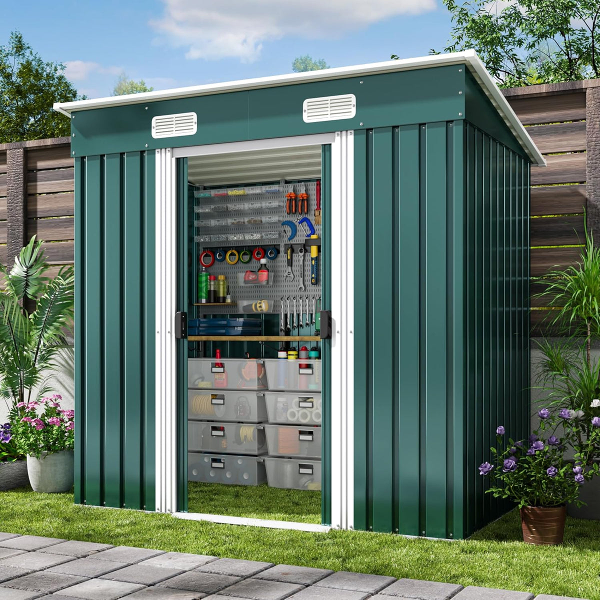 Capanno da Giardino Xbro in Metallo - Casetta Porta Attrezzi Esterna 2,11 m2 - Tetto Spiovente con Porta Scorrevole e Serratura 183x109x182 cm Verde